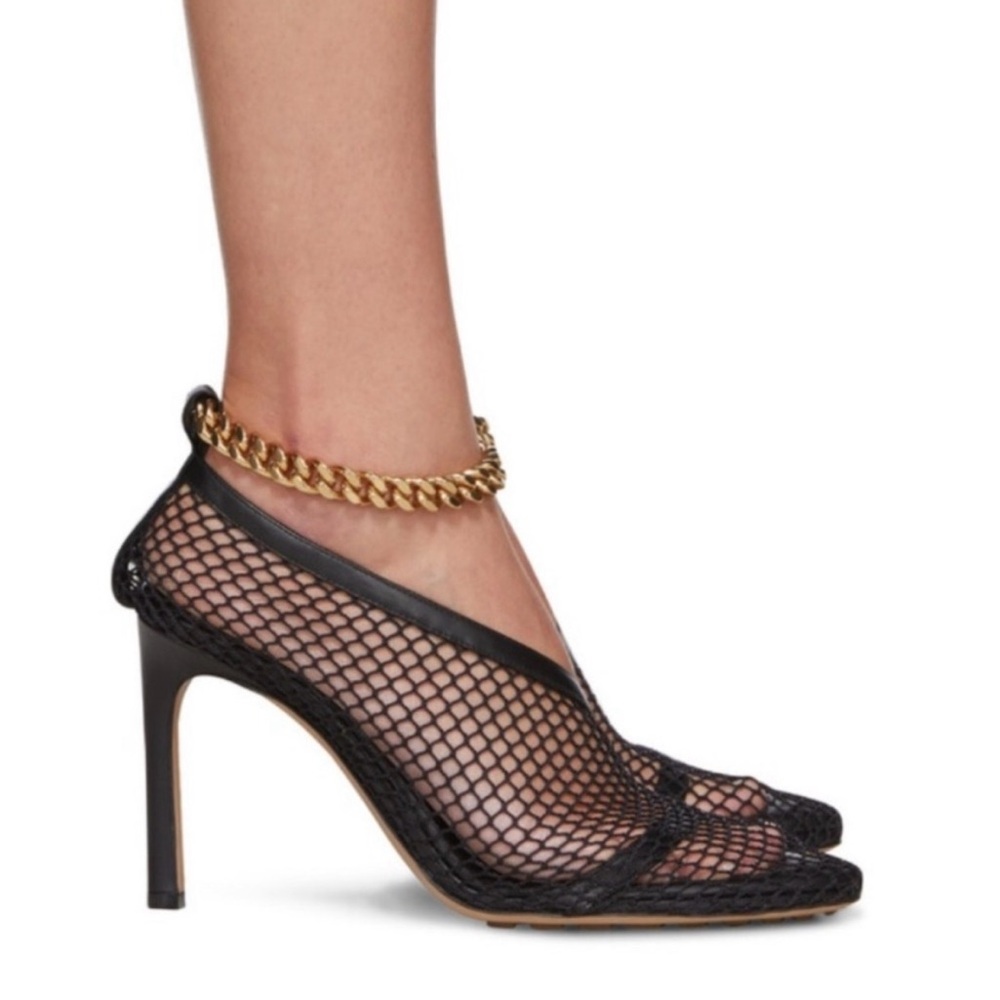 Bottega Veneta Black Mesh Heels with Gold Chain